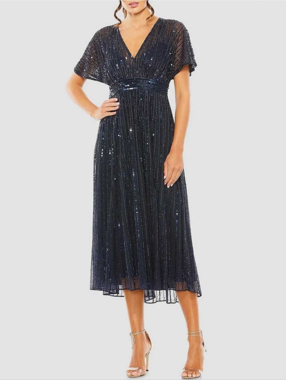 Mac Duggal Midnight Navy A-line Sequined Short Sleeve Midi Dress